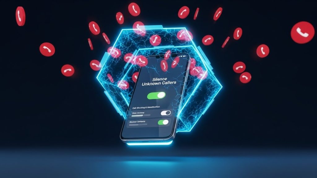Smartphone interface showing Silence Unknown Callers enabled, with protective shields blocking spam calls.