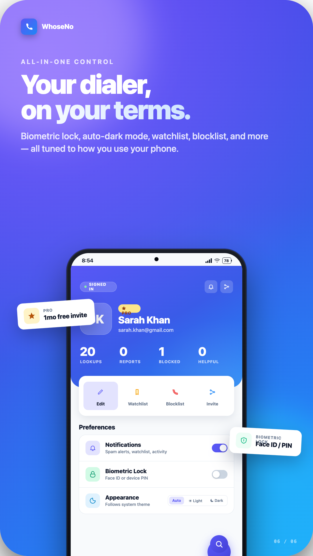 WhoseNo settings screen with biometric lock, watchlist, blocklist, and notification controls.