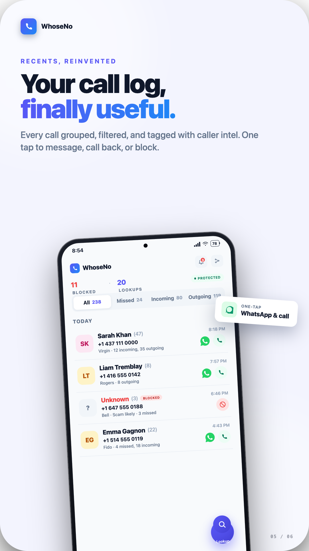 WhoseNo spam blocklist screen showing blocked scam calls and community-powered reports.